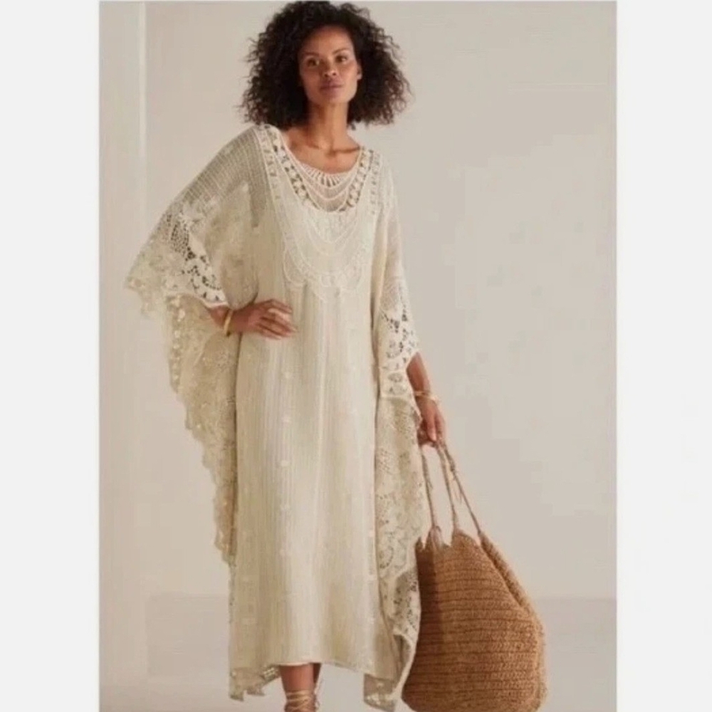 Soft Surroundings Lace Caftan Dress Sheer Ivory Size S/M NWT